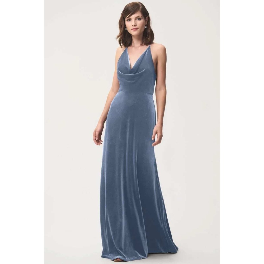 Jenny Yoo Sulivan Velvet Gown Women 8 Bluestone Cowl Neck T-Back Maxi Dress